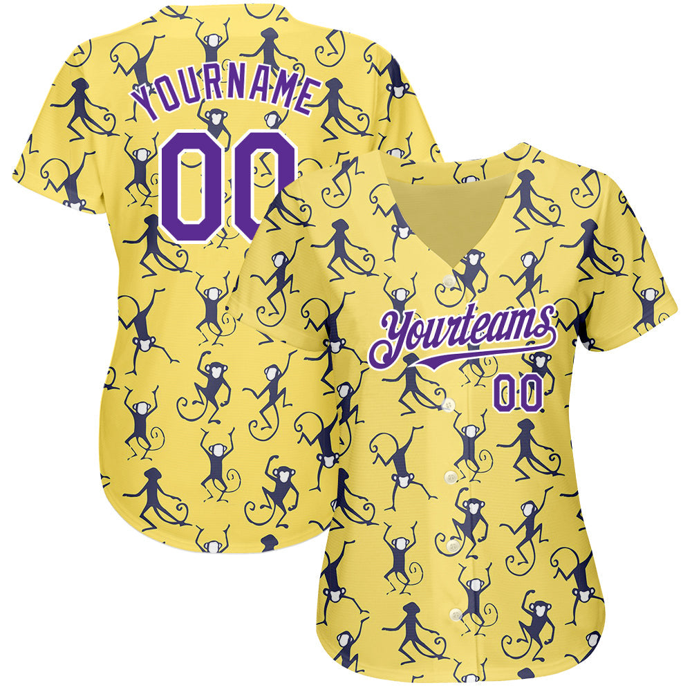 Custom Yellow Purple-White 3D Pattern Design Monkey Authentic Baseball Jersey