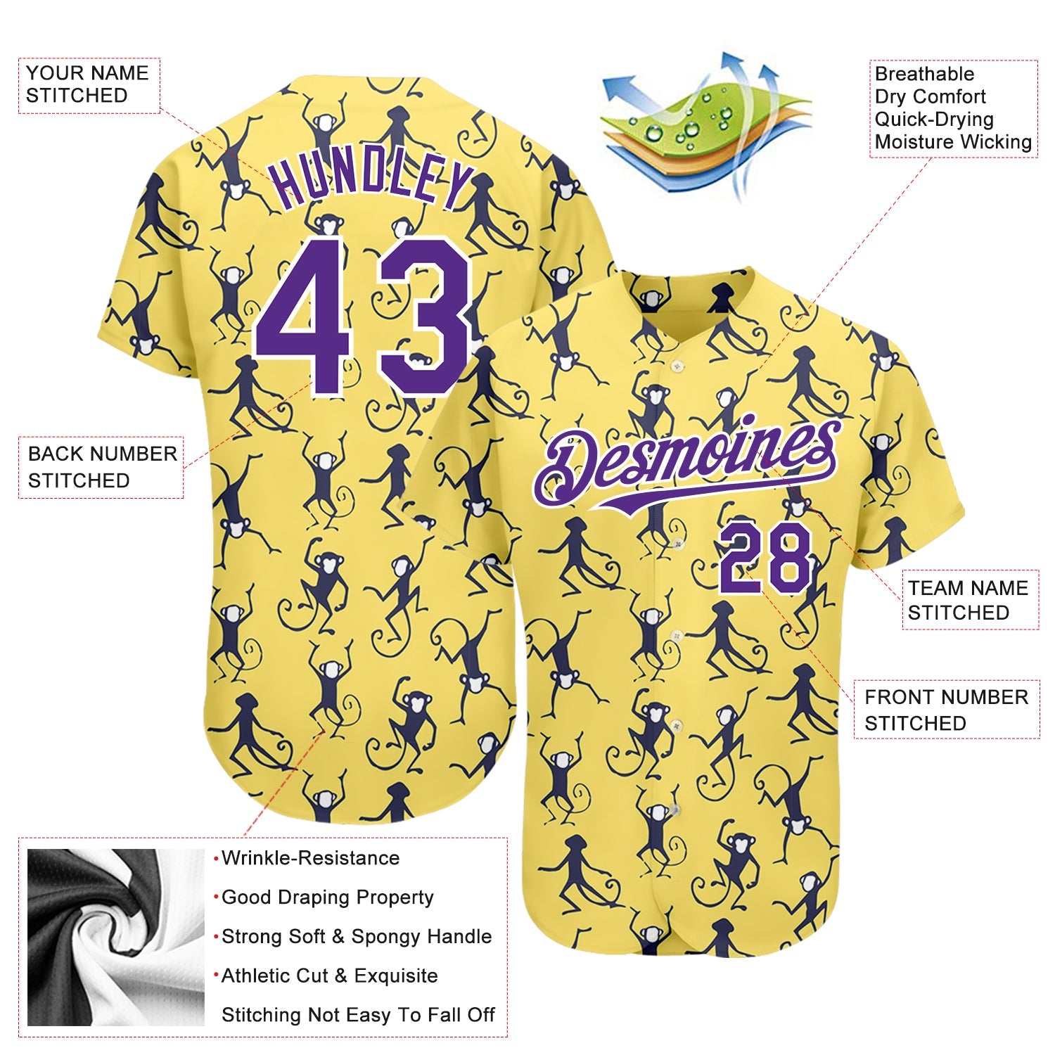 Custom Yellow Purple-White 3D Pattern Design Monkey Authentic Baseball Jersey