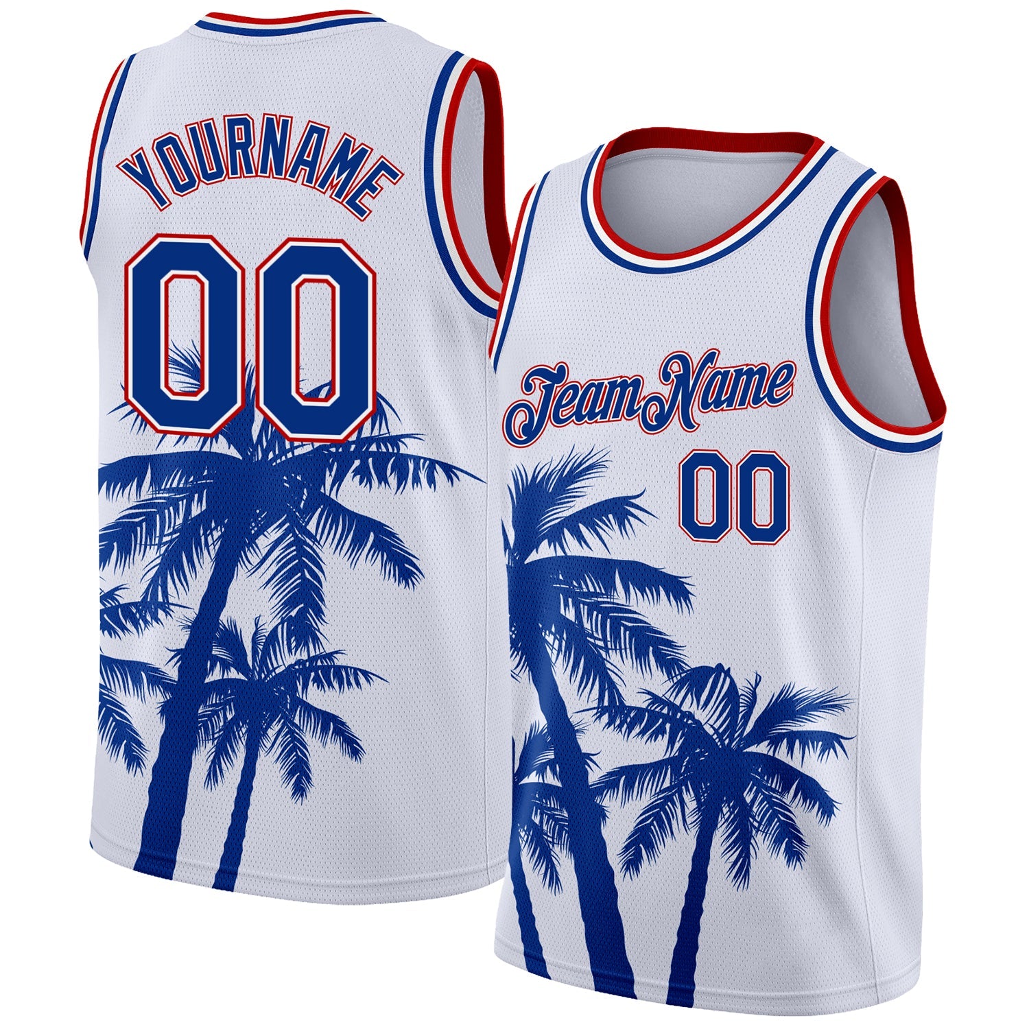 Custom White Royal-Red 3D Pattern Tropical Hawaii Coconut Trees Authentic Basketball Jersey