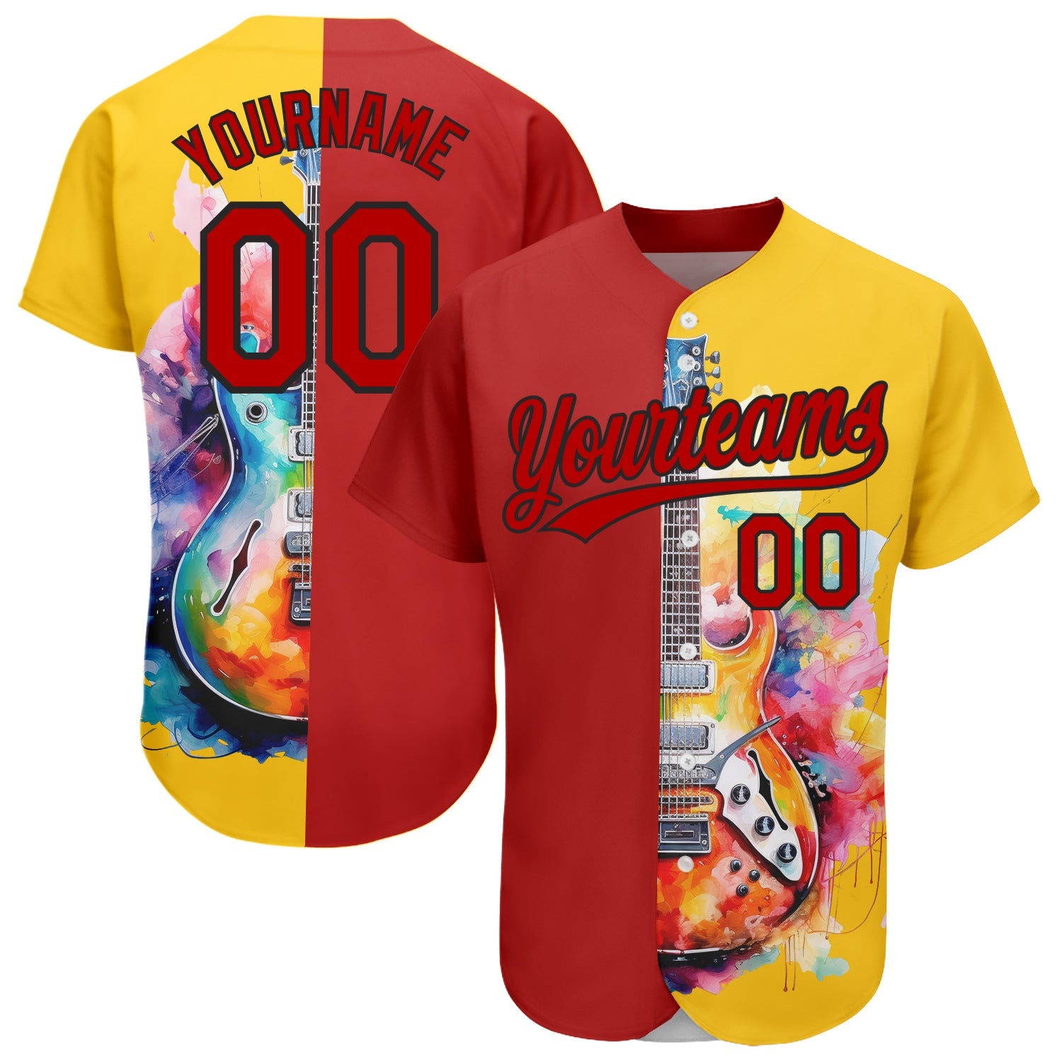 Custom Yellow Red-Black 3D Pattern Design Music Festival Watercolor Guitar Authentic Baseball Jersey