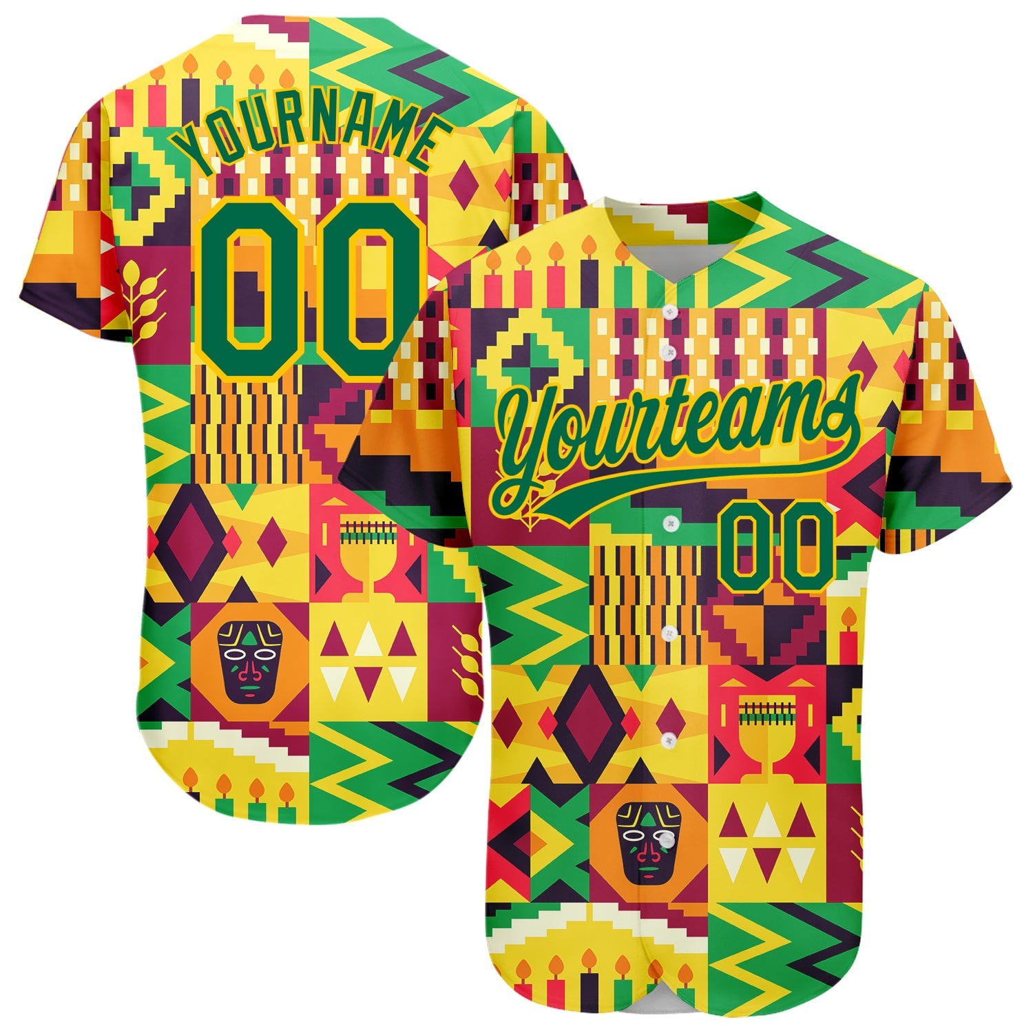 Custom Yellow Kelly Green 3D Pattern Design African Happy Kwanzaa Authentic Baseball Jersey