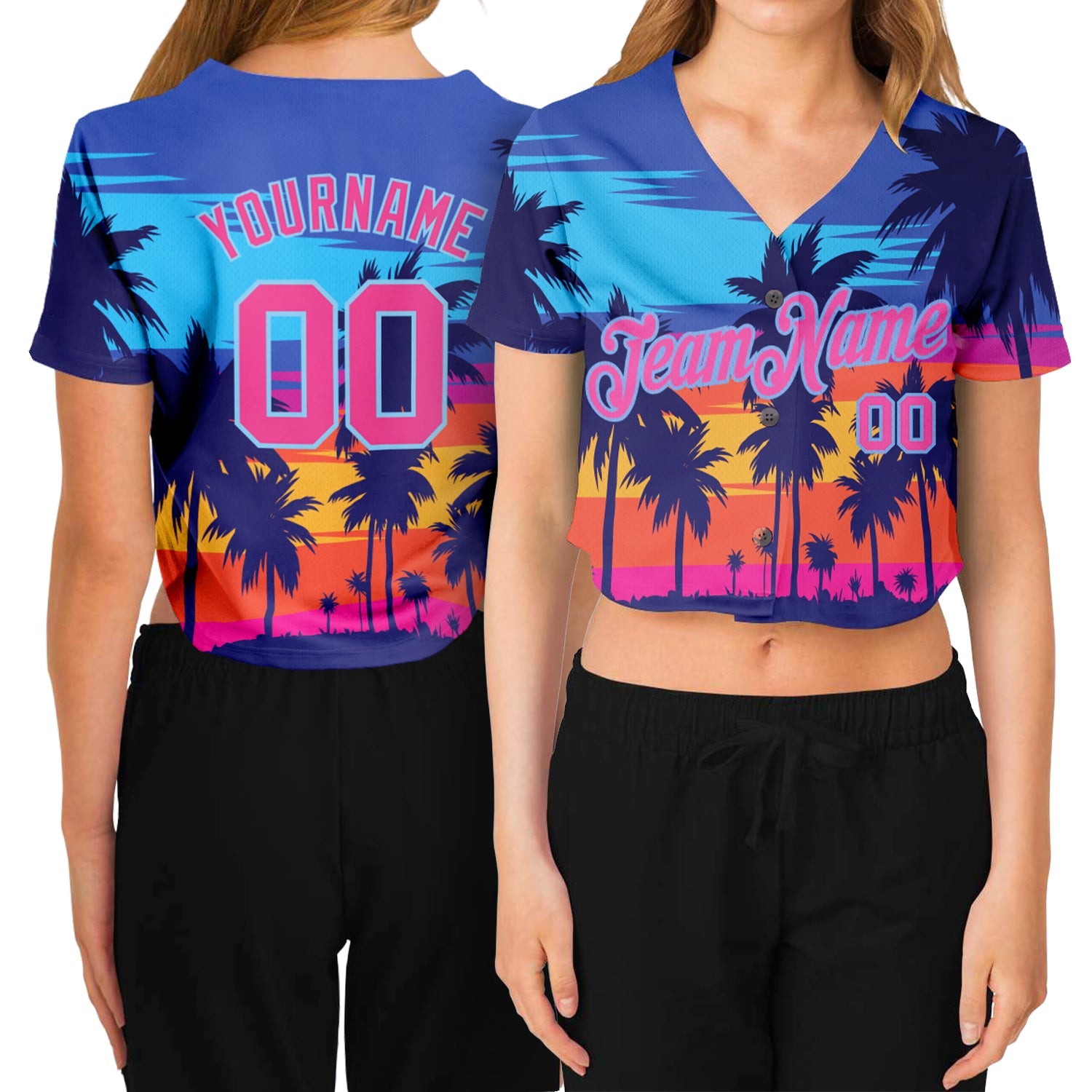 Custom Women's Royal Pink-Light Blue Hawaii Palm Trees 3D V-Neck Cropped Baseball Jersey
