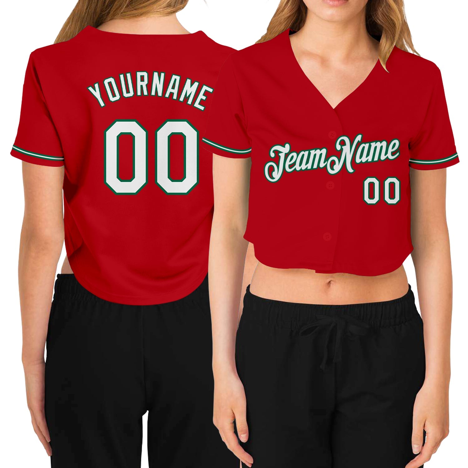 Custom Women's Red White-Kelly Green V-Neck Cropped Baseball Jersey
