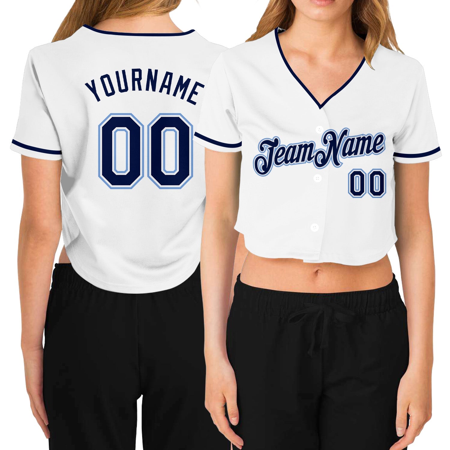 Custom Women's White Navy-Light Blue V-Neck Cropped Baseball Jersey