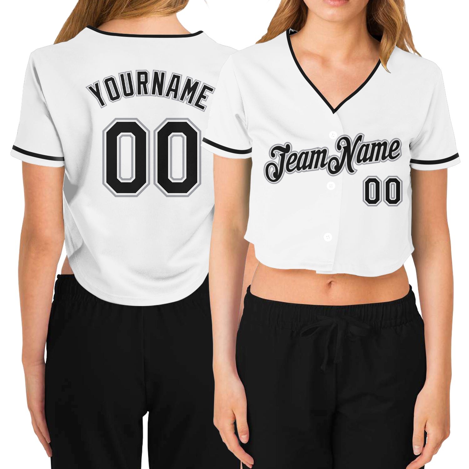 Custom Women's White Black-Gray V-Neck Cropped Baseball Jersey