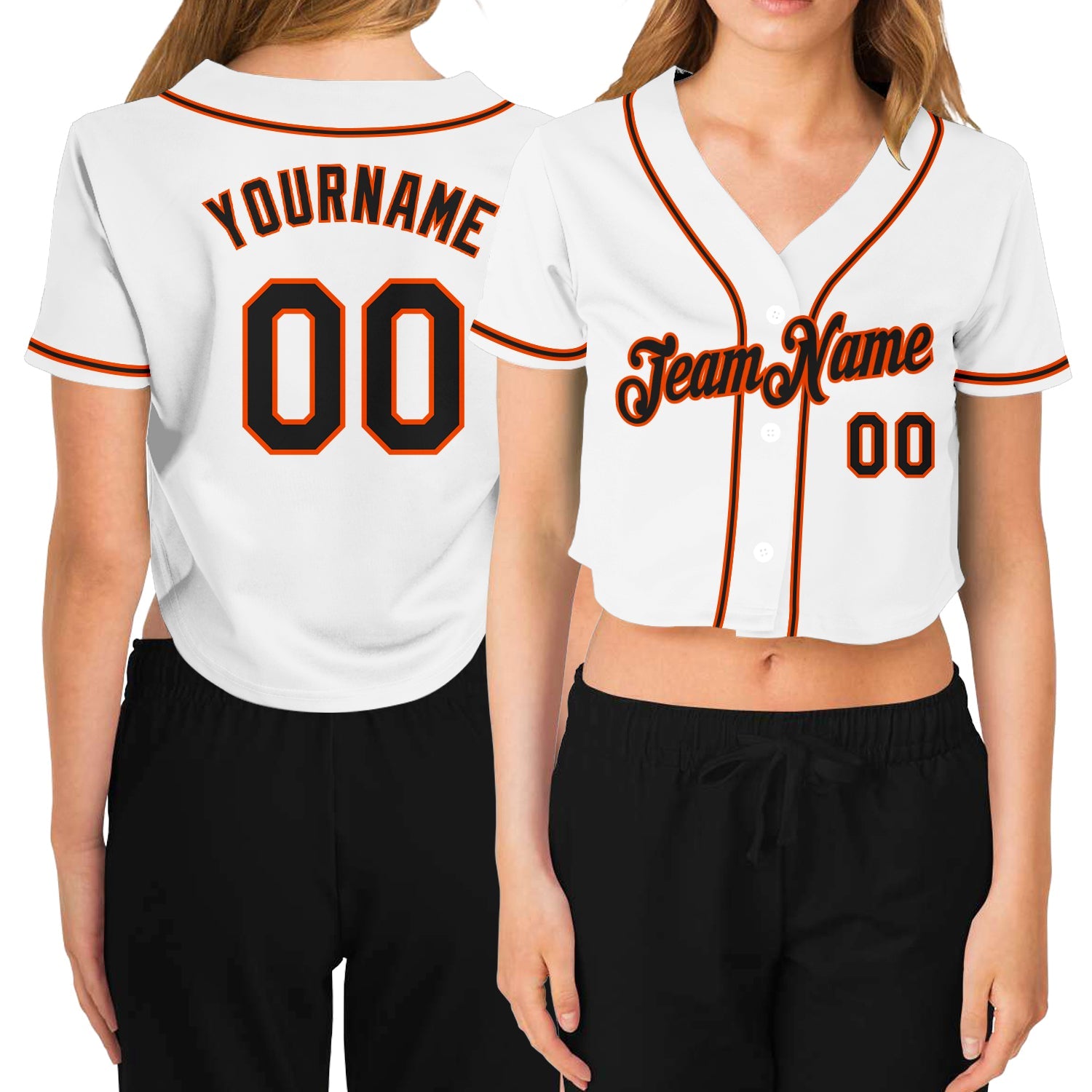 Custom Women's White Black-Orange V-Neck Cropped Baseball Jersey