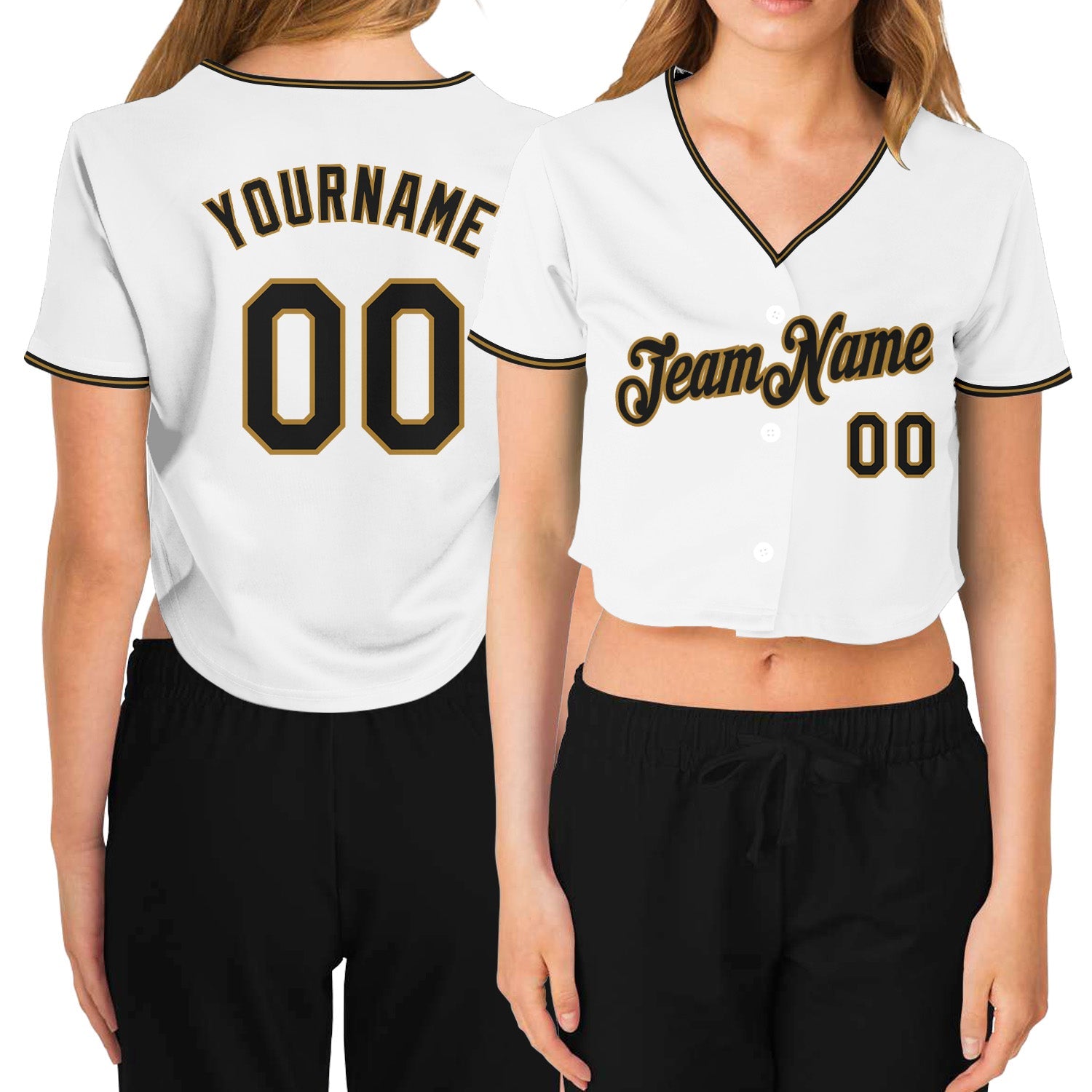 Custom Women's White Black-Old Gold V-Neck Cropped Baseball Jersey