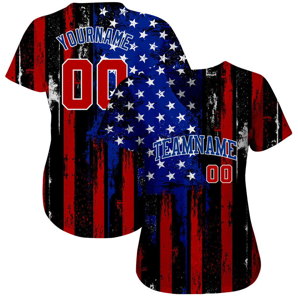 Benutzerdefiniertes authentisches Baseball-Trikot mit 3D-Amerikanischer Flagge im Used-Look in Schwarz, Rot, Königsblau