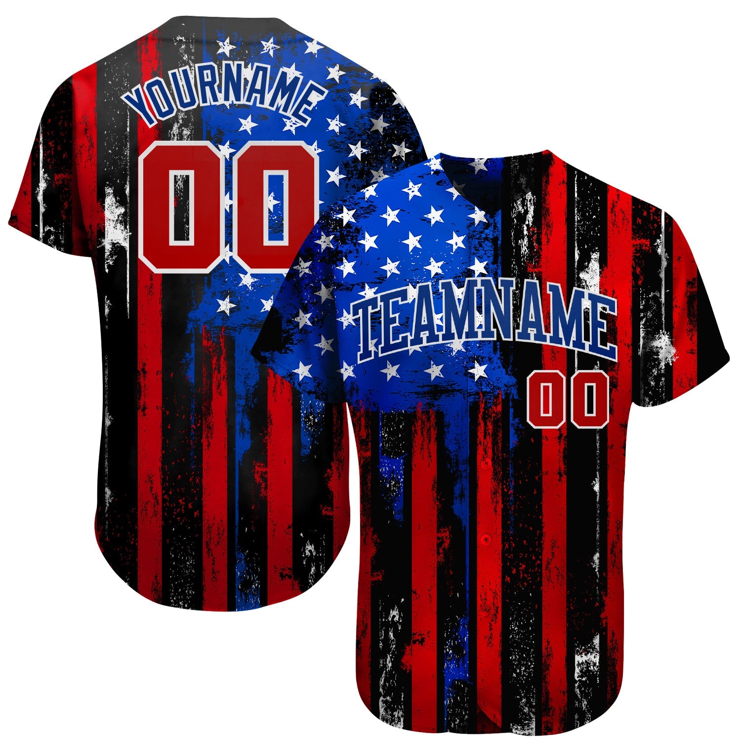 Camisa de beisebol autêntica com bandeira americana preta vermelha real-branca 3D envelhecida personalizada