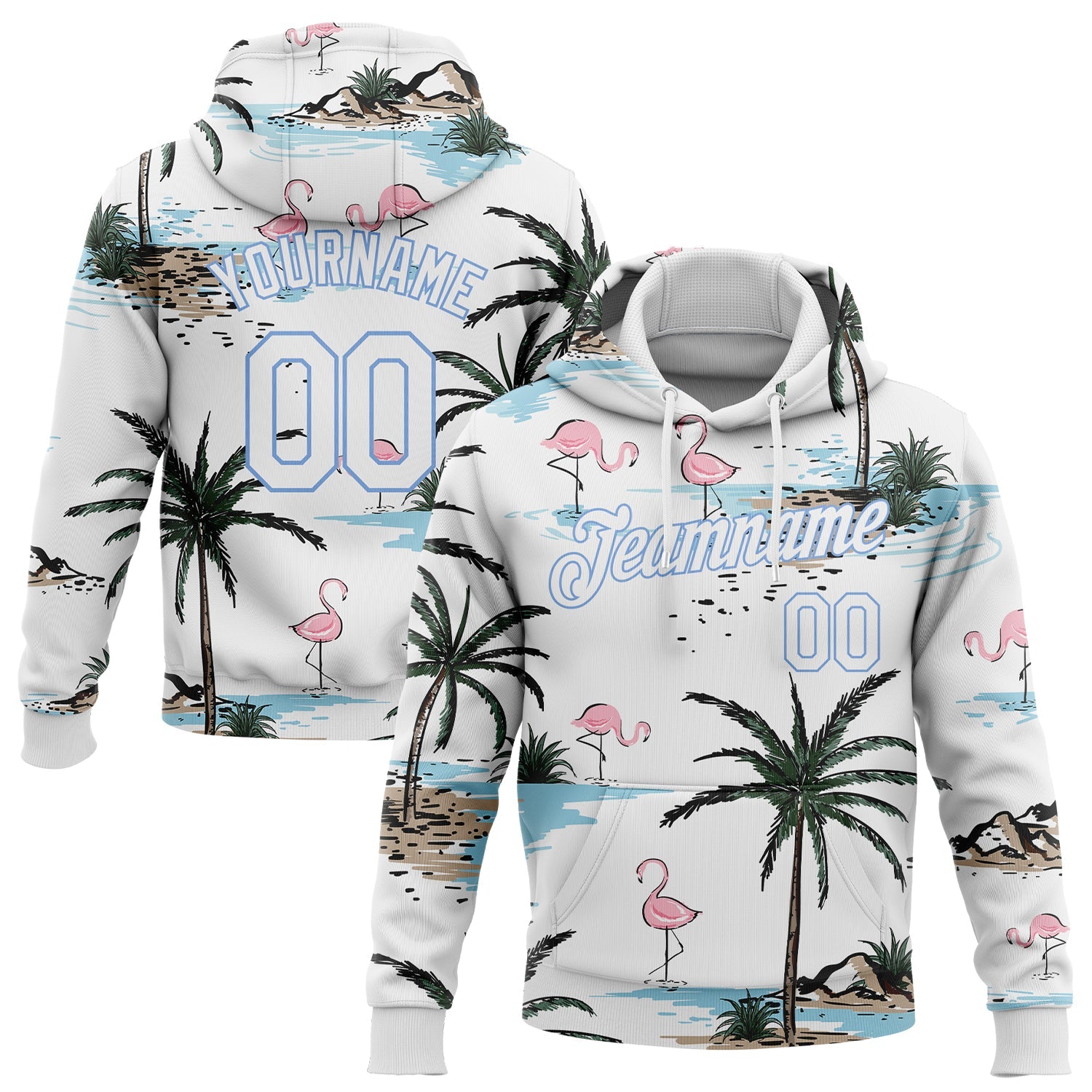 Individuell genähtes weißes weiß-hellblaues 3D-Muster-Design, Hawaii-Palmen, Sport-Pullover-Sweatshirt, Kapuzenpullover