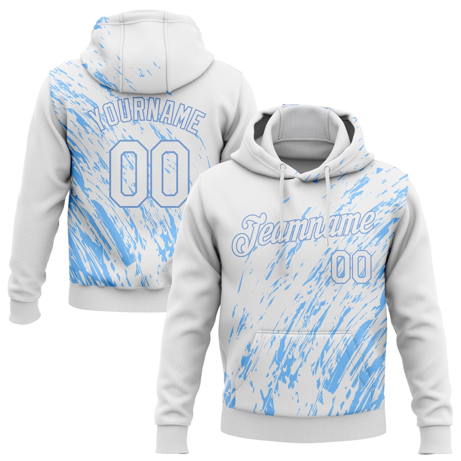 Individuell genähter weißer, weiß-hellblauer 3D-Muster-Design-Sport-Pullover-Sweatshirt-Hoodie