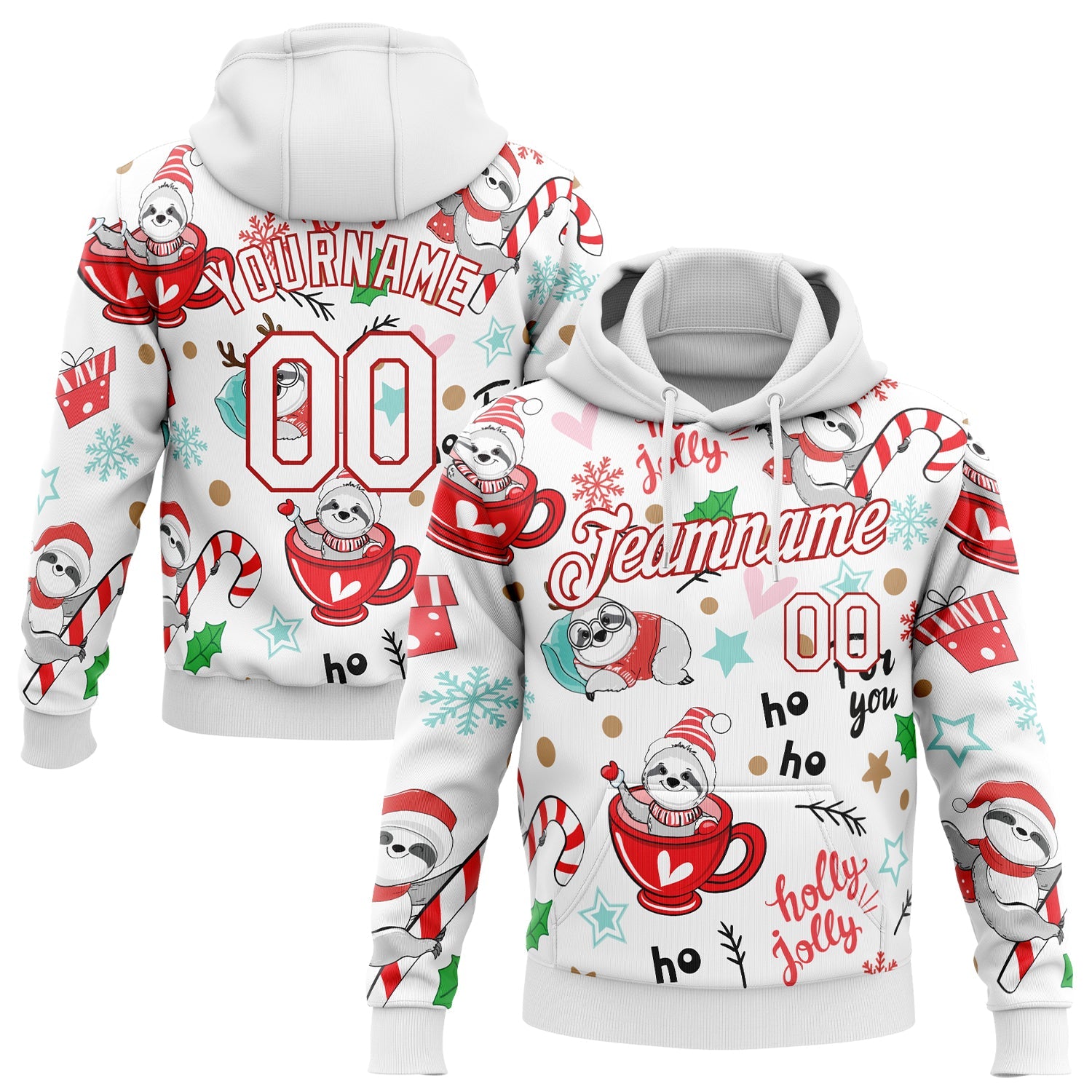 Individuell genähtes weißes weiß-rotes 3D-Weihnachts-Faultier-Sport-Pullover-Sweatshirt