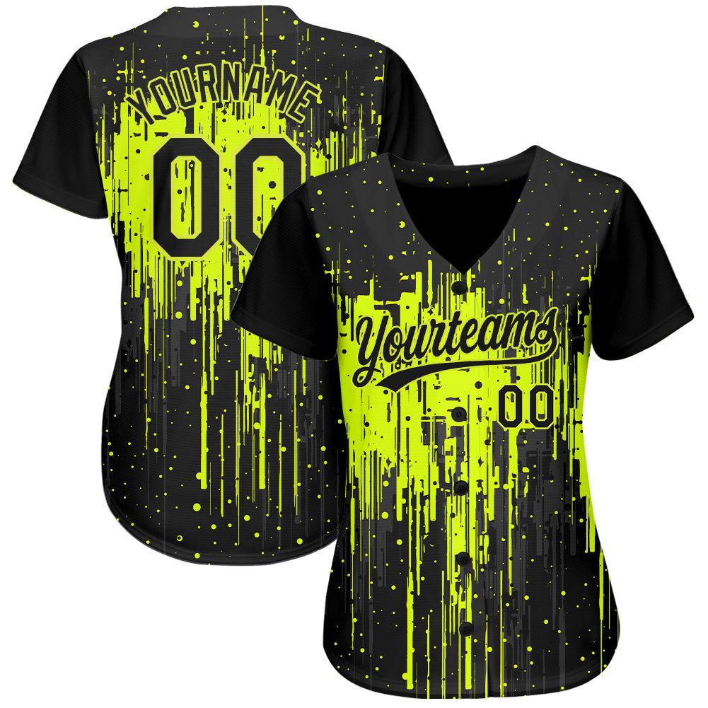 Camisa de beisebol autêntica com design de padrão 3D preto verde neon personalizado