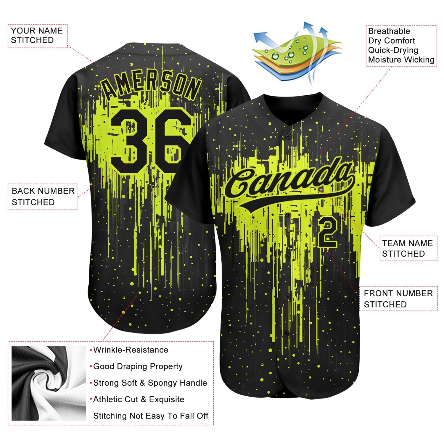 Benutzerdefiniertes neongrün-schwarzes 3D-Muster-Design, authentisches Baseball-Trikot