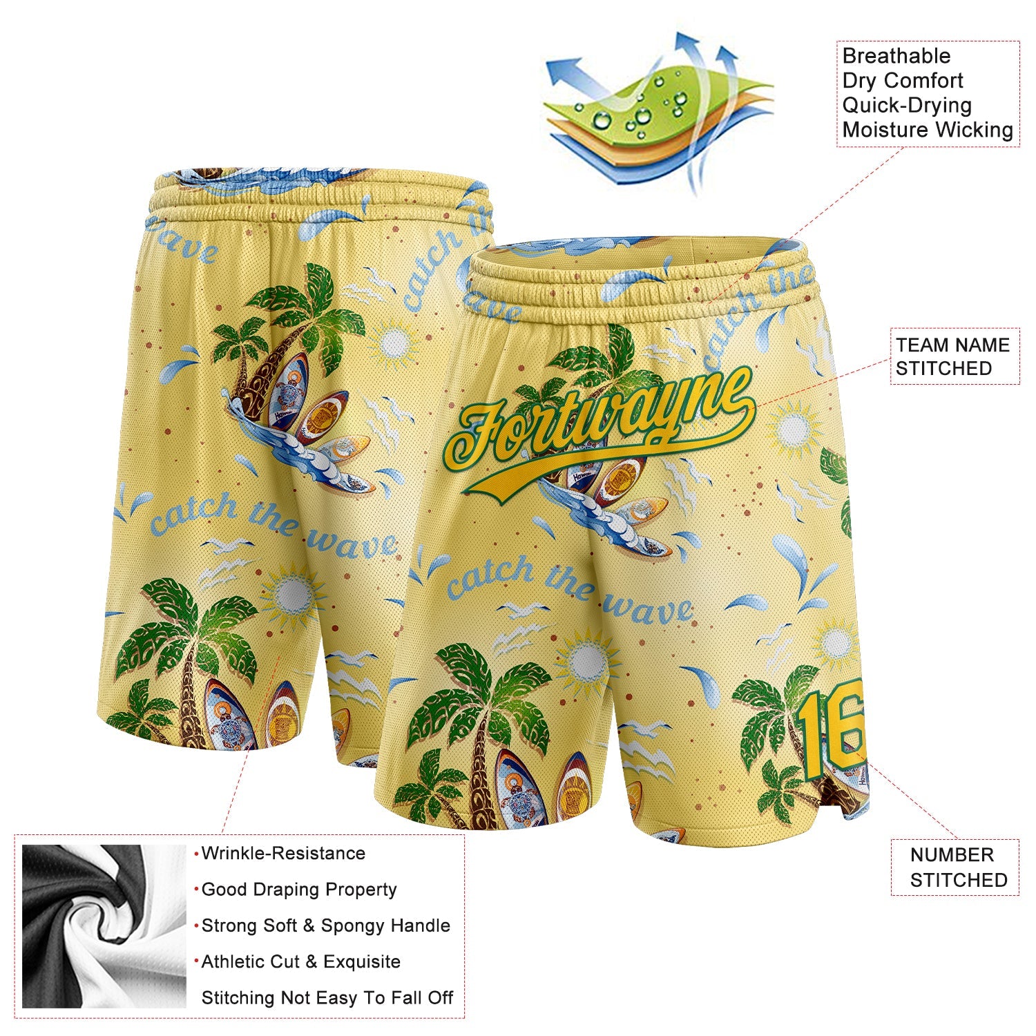 Benutzerdefinierte gelbe Kelly Green 3D-Muster Tropical Beach Hawaii Palmen authentische Basketball-Shorts