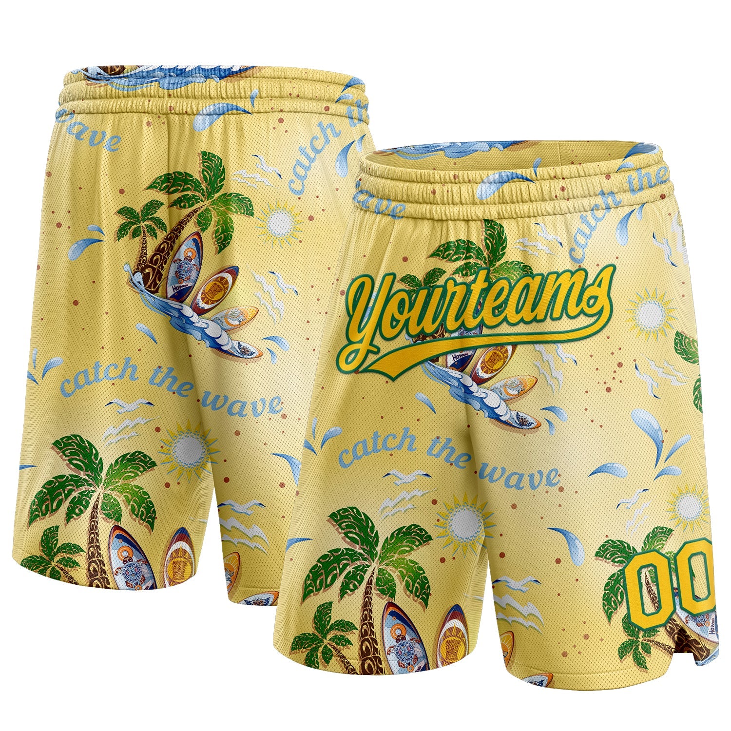 Shorts de basquete autênticos amarelos Kelly Green 3D com padrão Tropical Beach Hawaii Palmeiras