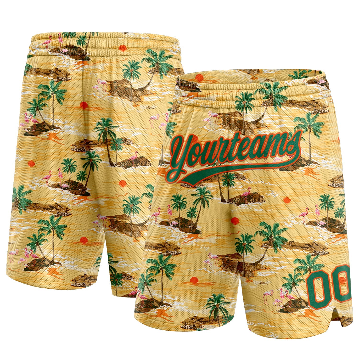 Benutzerdefinierte gelbe Kelly-Grün-Orange-3D-Muster mit Hawaii-Palmen und Flamingos, authentische Basketball-Shorts