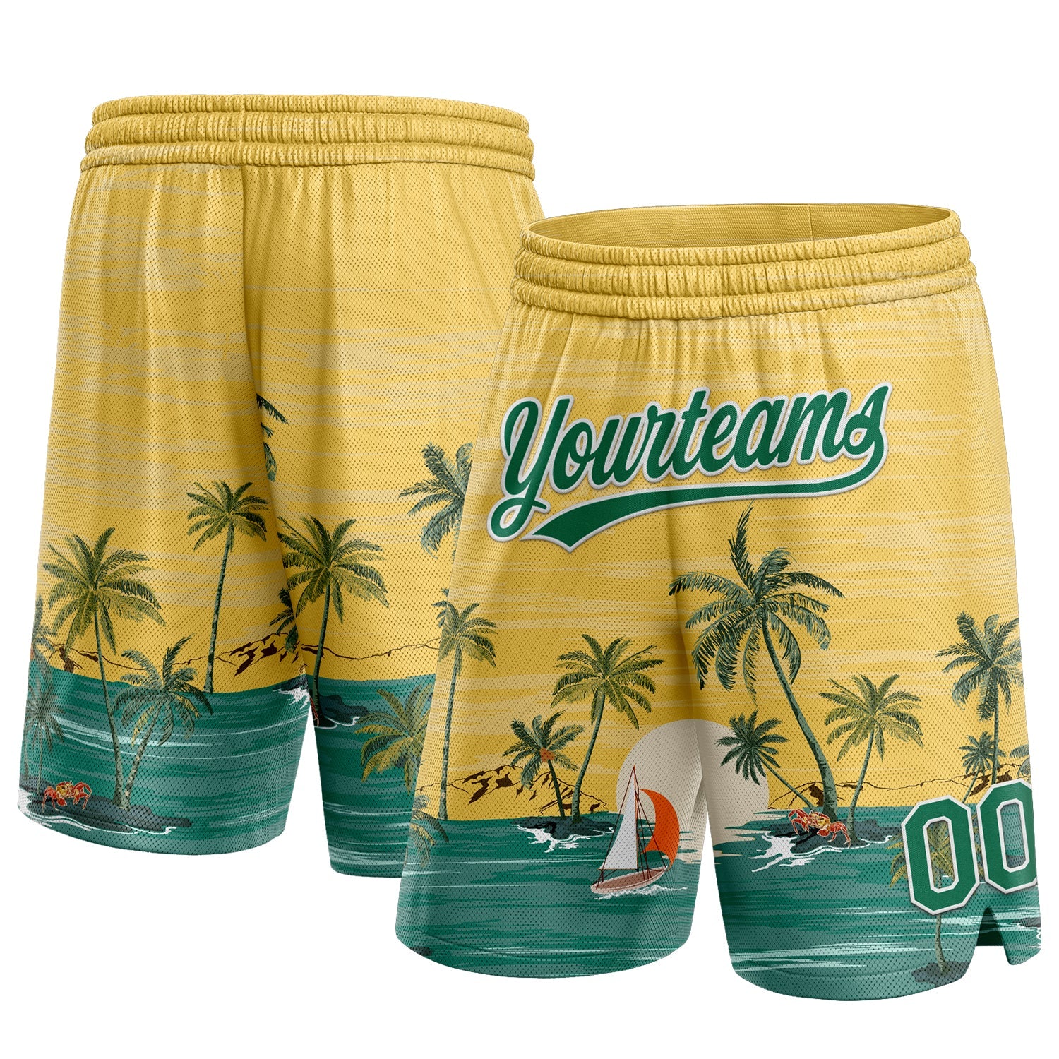 Benutzerdefinierte gelbe Kelly-Grün-Weiß-3D-Muster, authentische Hawaii-Palmen und Insel-Basketballshorts