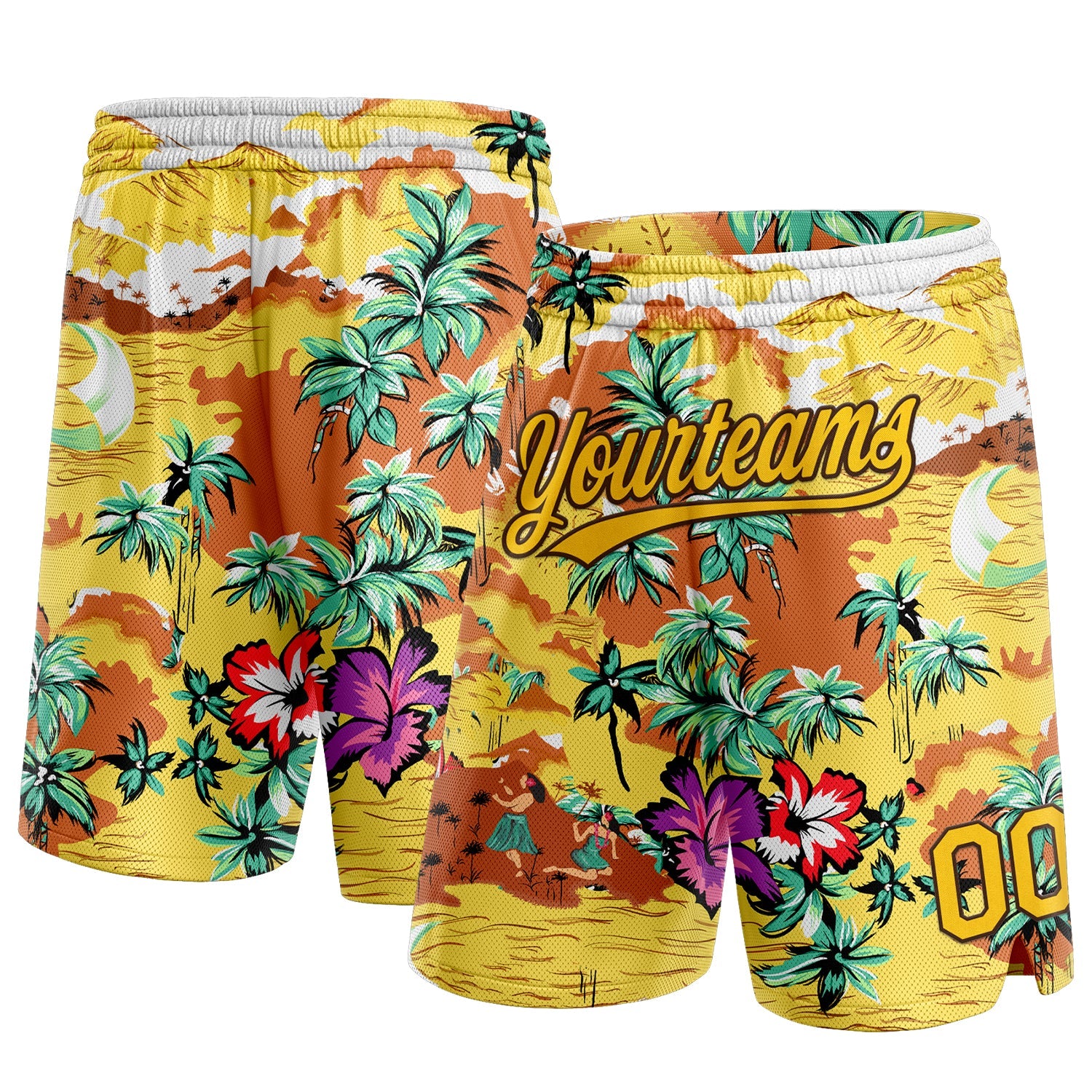Benutzerdefinierte gelbbraune 3D-Muster tropische Hawaii-Palmen authentische Basketball-Shorts