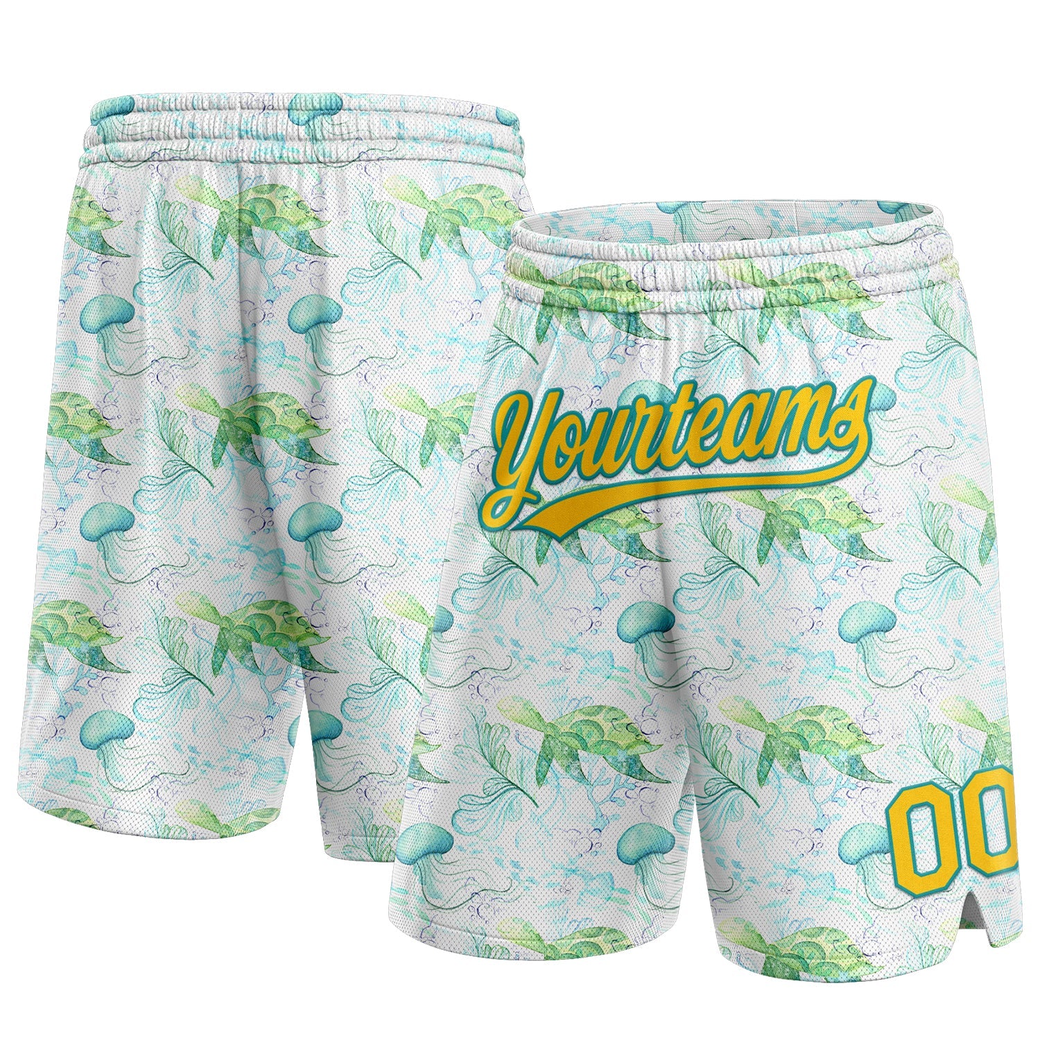 Benutzerdefinierte weiße, gelb-blaugrüne 3D-Muster, Wasserpflanzen und Quallen, authentische Basketball-Shorts