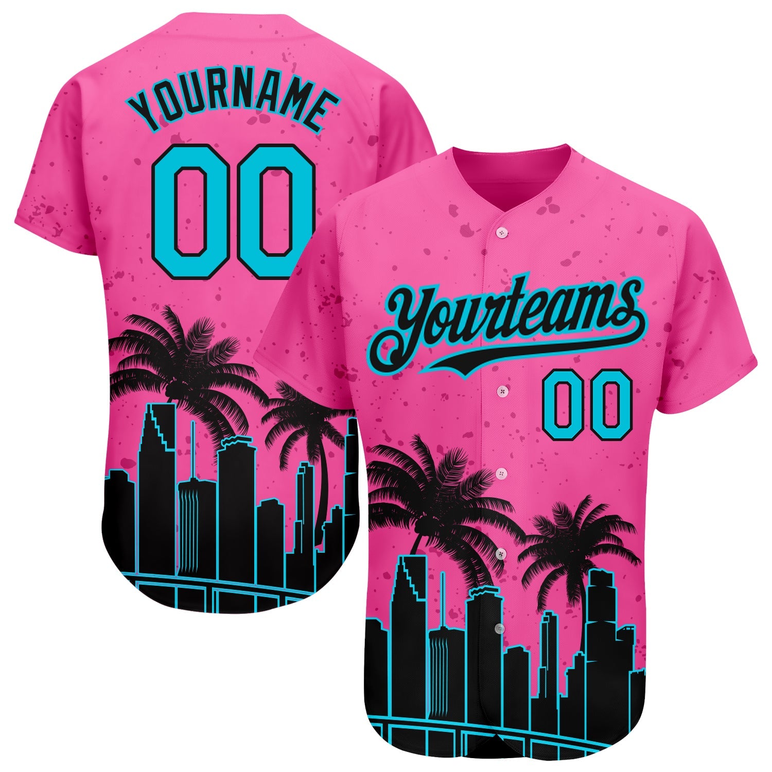 Camisa de beisebol autêntica personalizada Pink Lakes azul-preto 3D Miami Palm Trees City Edition