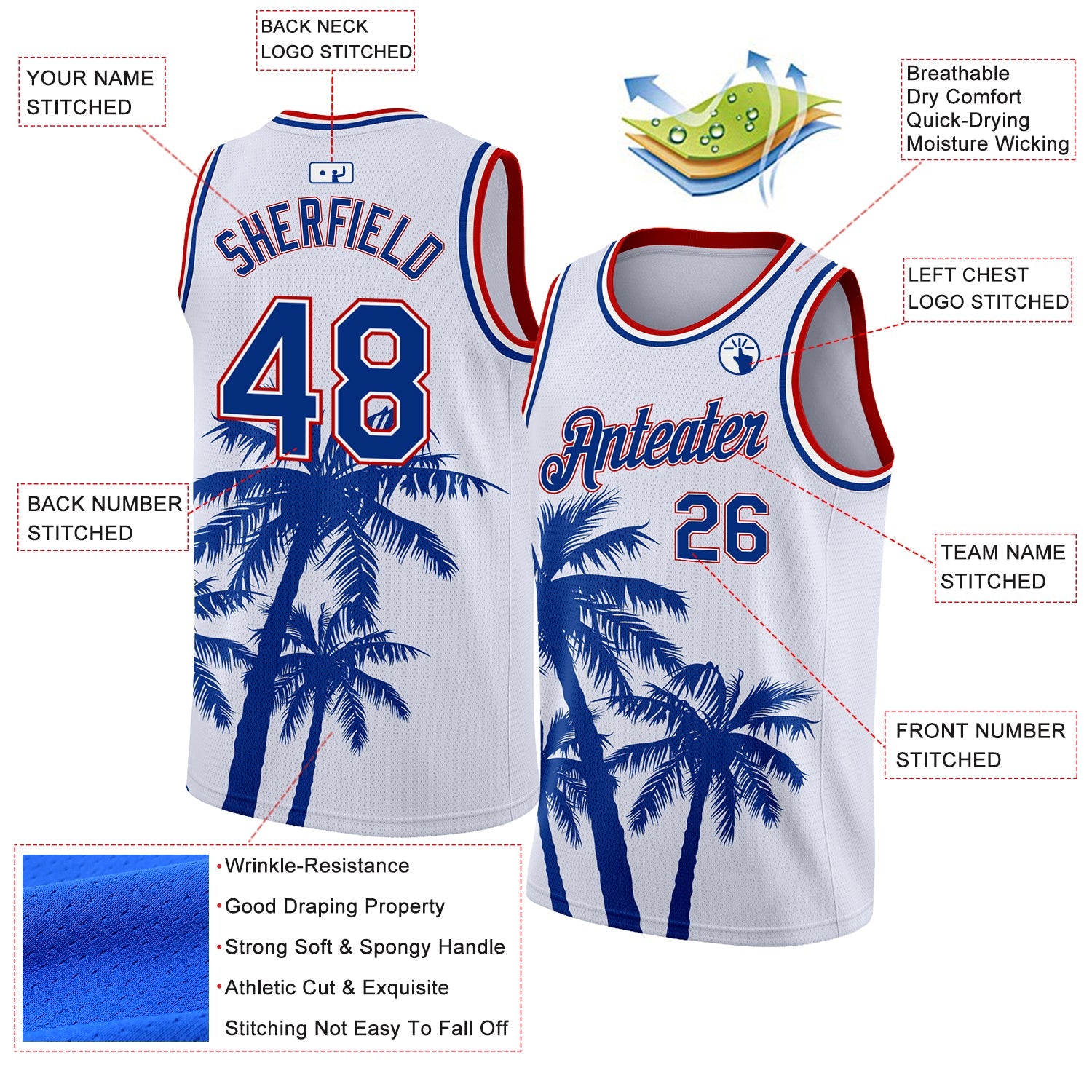 Benutzerdefiniertes, authentisches Basketball-Trikot mit tropischem Hawaii-Kokosnussbaummuster in Weiß und Royal-Rot mit 3D-Muster