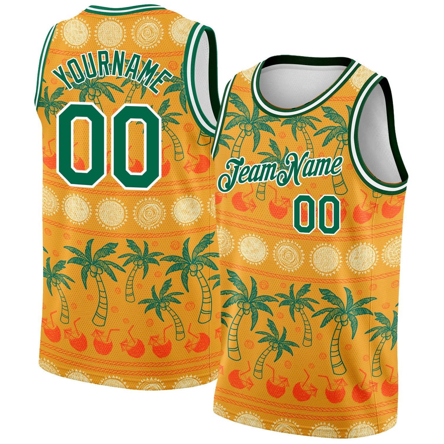 Benutzerdefinierte Bay Orange Kelly Grün-Weiß 3D-Muster Hawaii Beach Palmen Authentisches Basketballtrikot