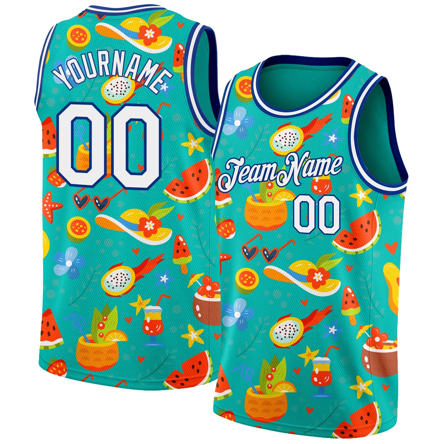 Benutzerdefinierte Aqua Weiß-Royal 3D-Muster Sommer Hawaii Strand Urlaub Authentische Basketball Jersey