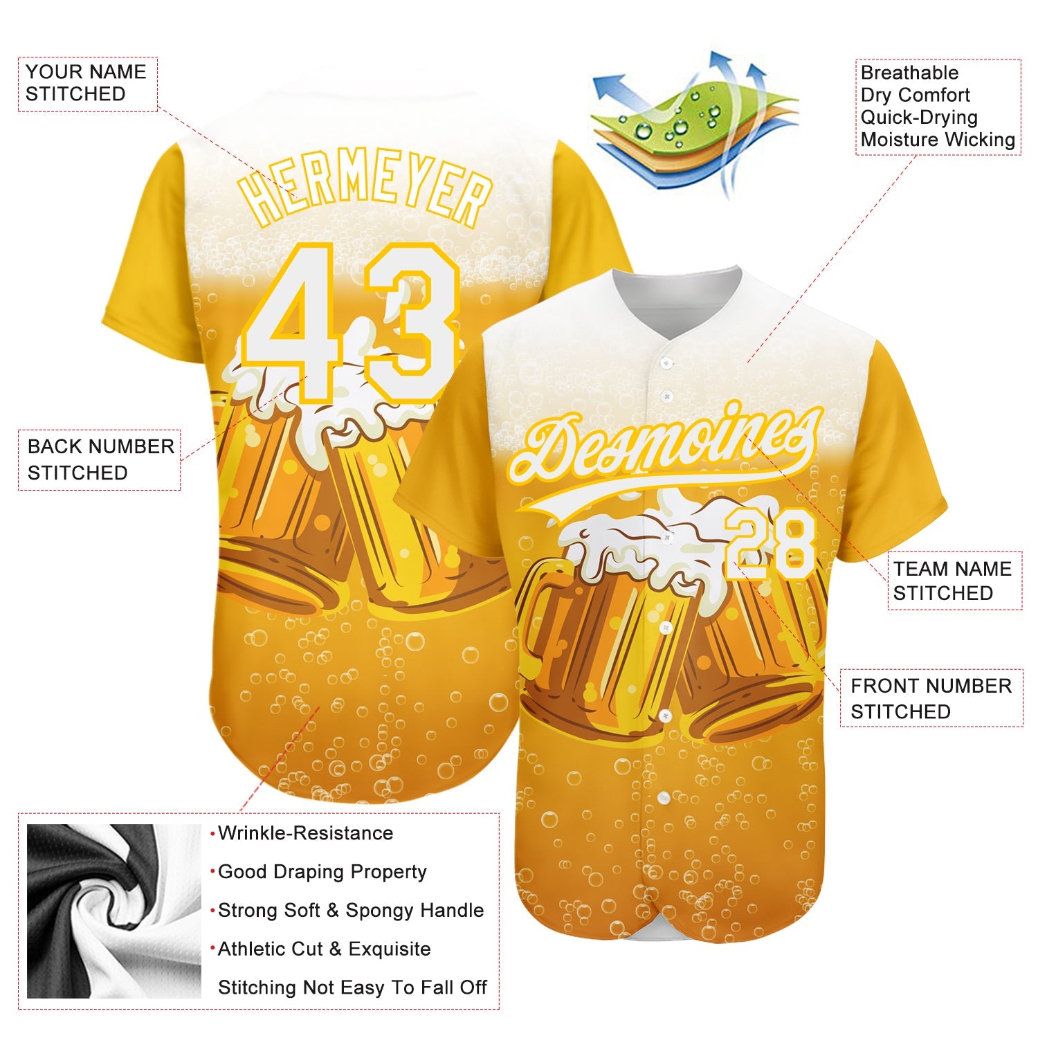 カスタムイエローホワイト3Dパターンデザイン国際ビールデー本物の野球ユニフォーム