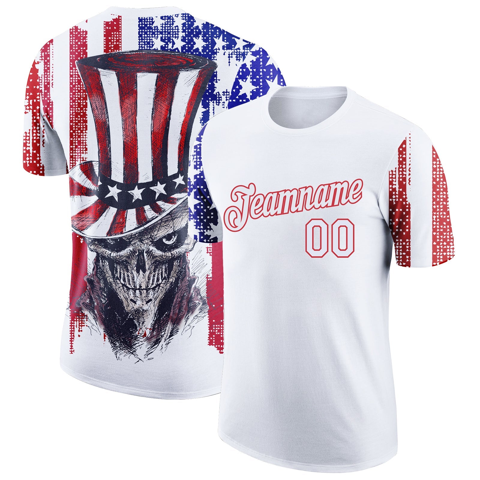 Custom White Red-Royal 3D American Flag Skull Patriotic Performance T-Shirt