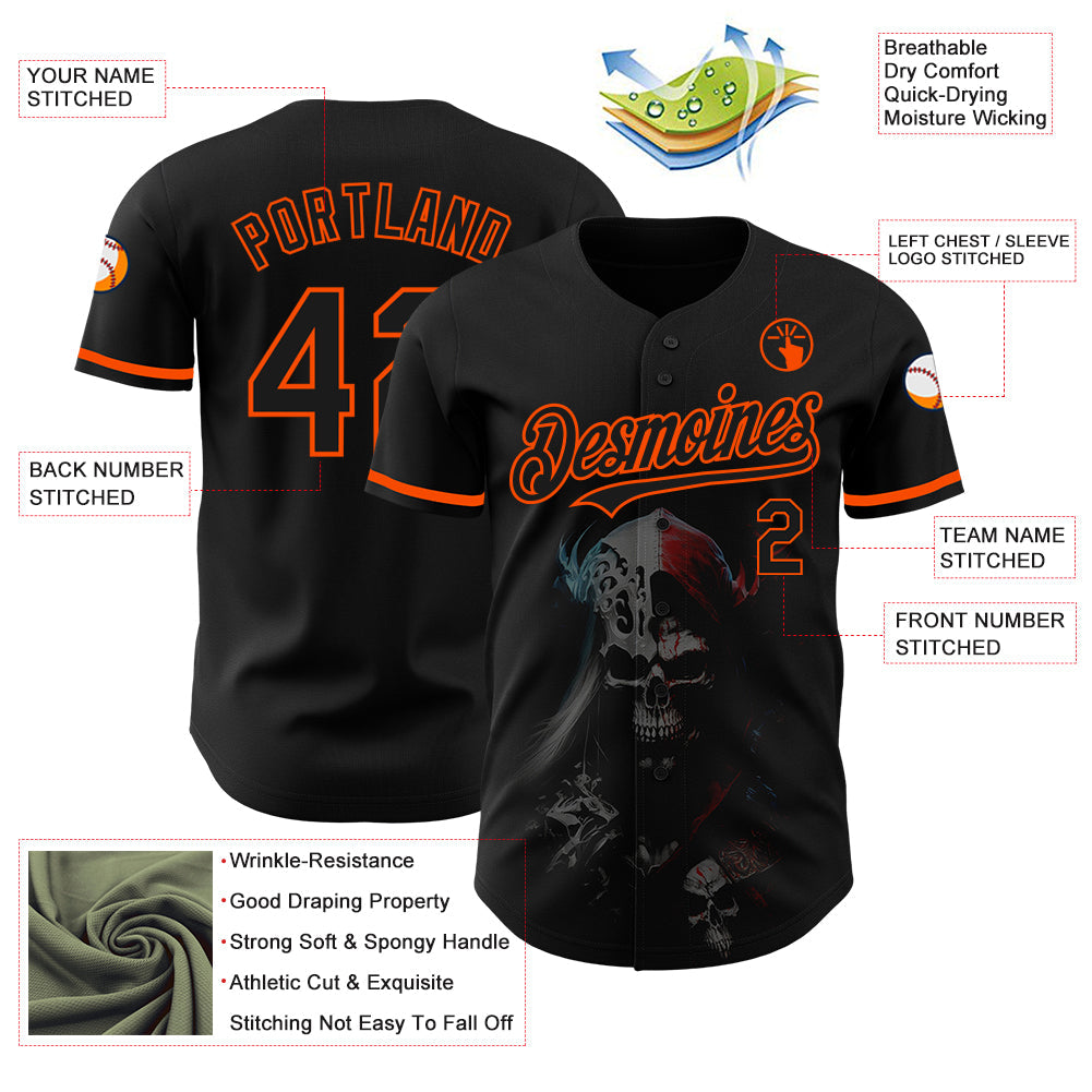 Custom Black Orange 3D Skull Fashion Authentic Baseball Jersey