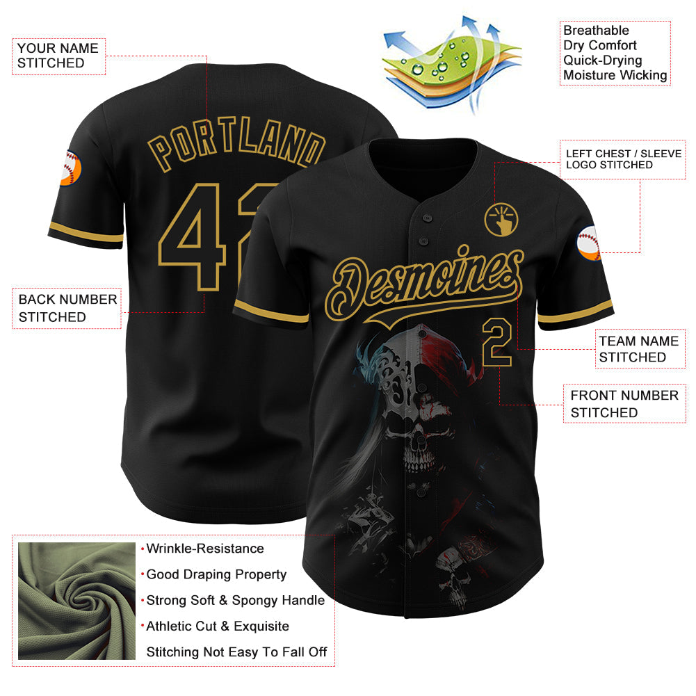 Custom Black Old Gold 3D Skull Fashion Authentic Baseball Jersey