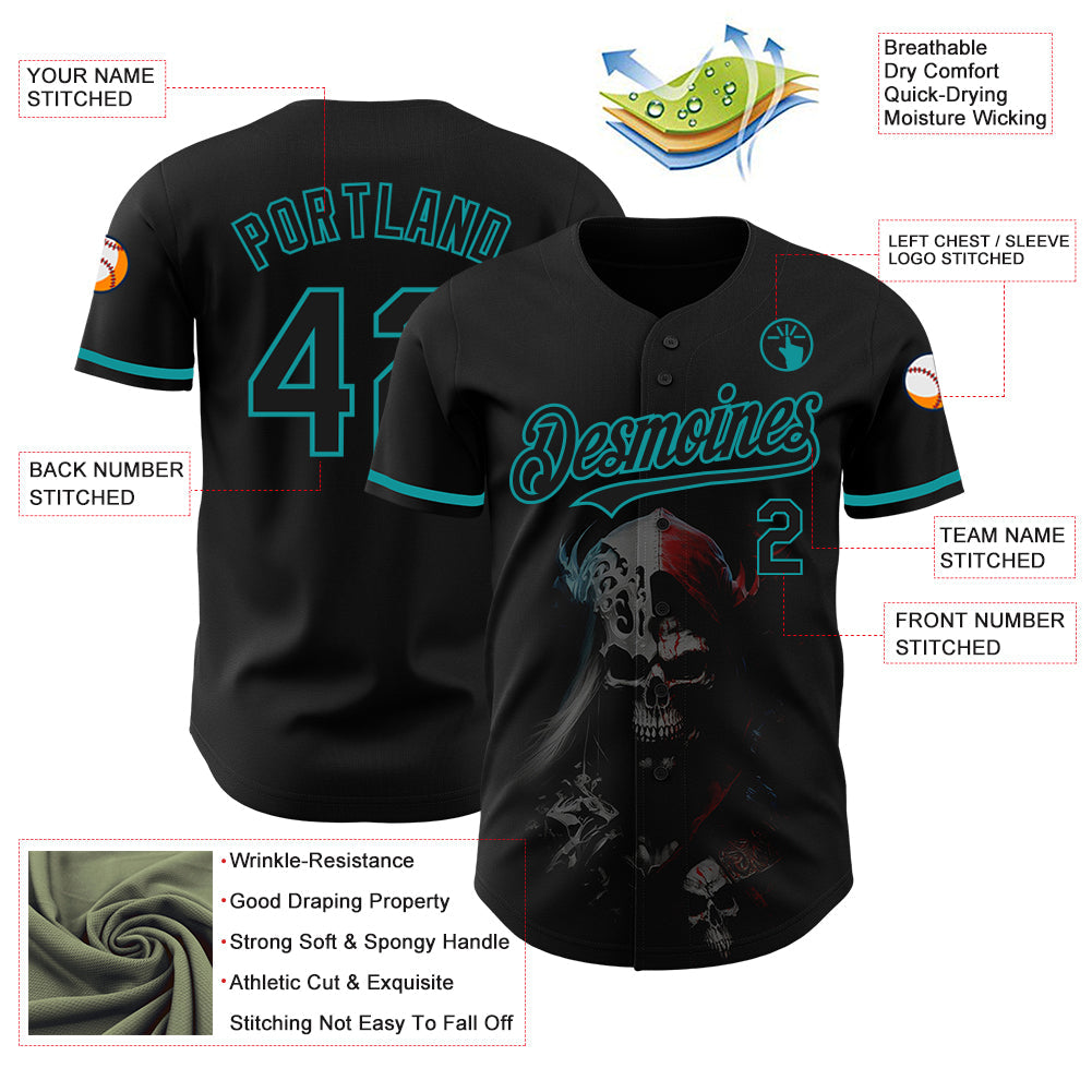 Custom Black Teal 3D Skull Fashion Authentic Baseball Jersey