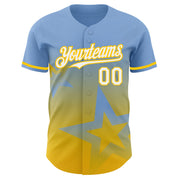 Custom Light Blue White-Yellow 3D Pattern Design Gradient Style Twinkle Star Authentic Baseball Jersey