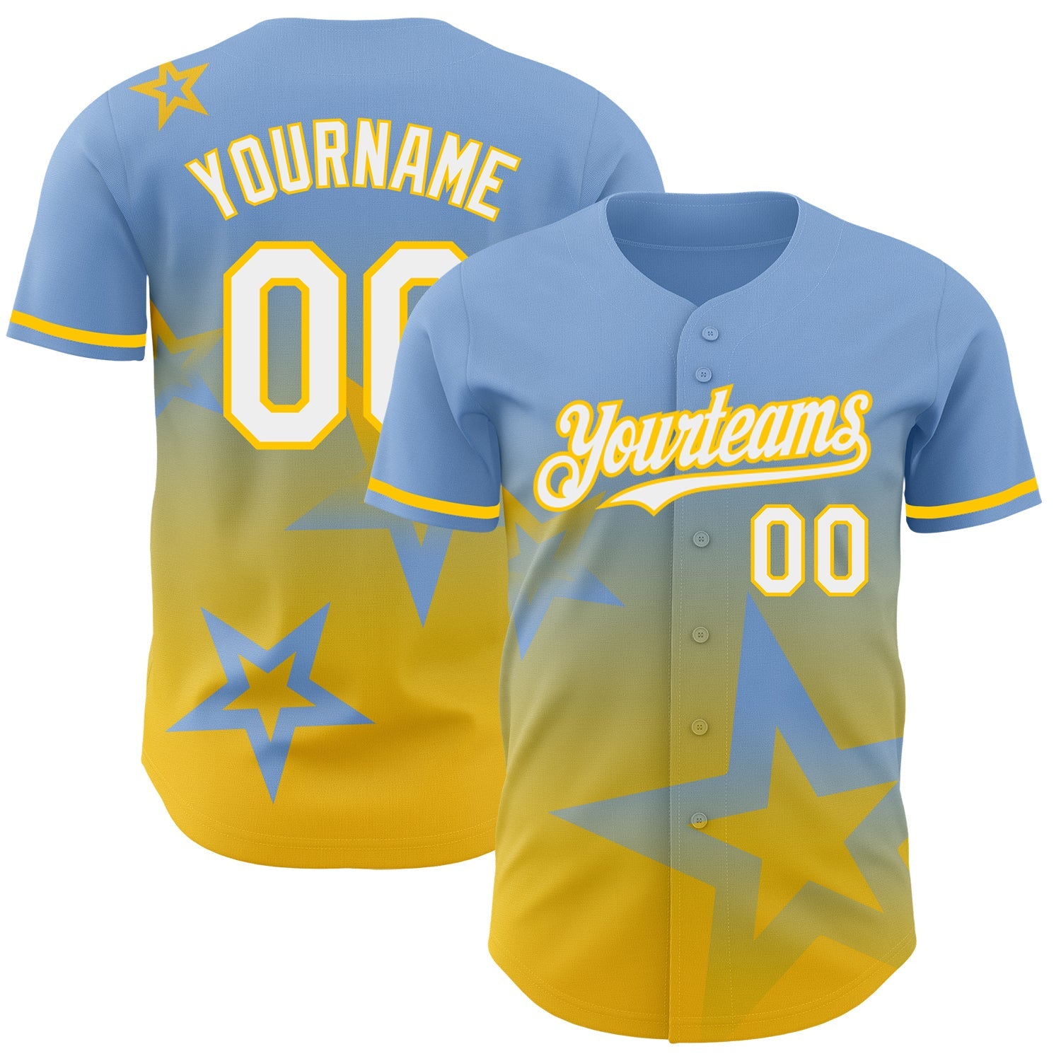 Custom Light Blue White-Yellow 3D Pattern Design Gradient Style Twinkle Star Authentic Baseball Jersey