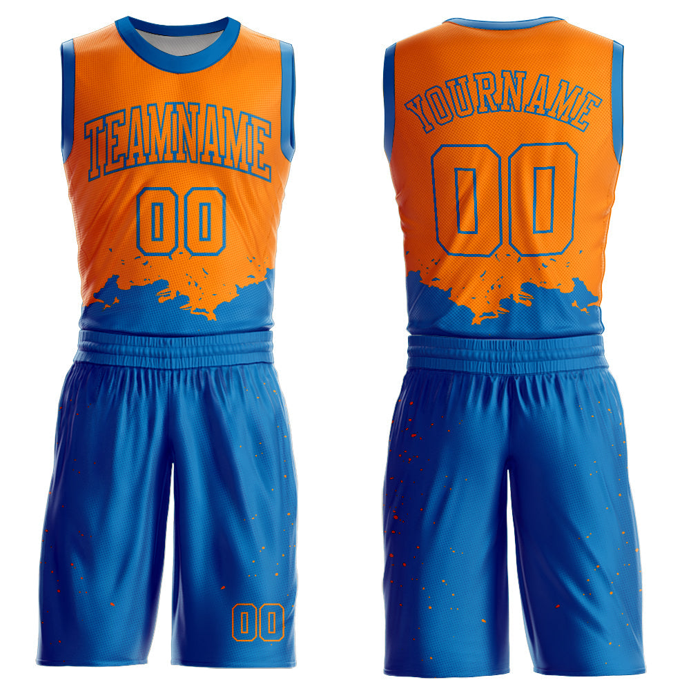 Benutzerdefiniertes Bay Orange Blue Color Splash Rundhals-Sublimations-Basketball-Anzugtrikot