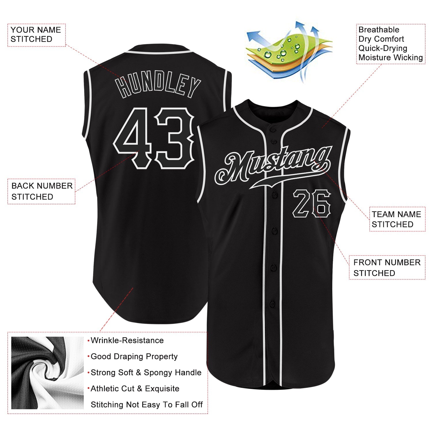Noir personnalisé noir-blanc authentique maillot de baseball sans manches