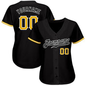 Camisa de beisebol autêntica preta, dourada e branca personalizada