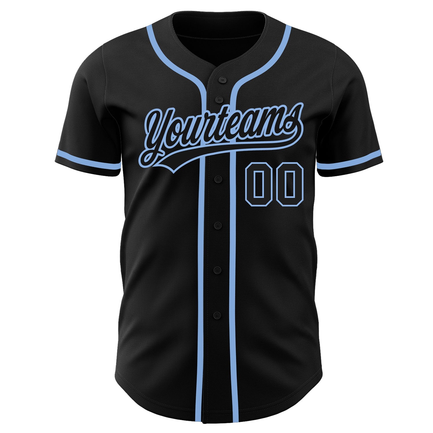 Camisa de beisebol autêntica preta preta e azul claro personalizada