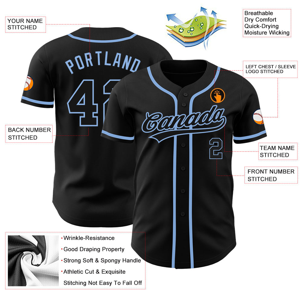 Camisa de beisebol autêntica preta preta e azul claro personalizada