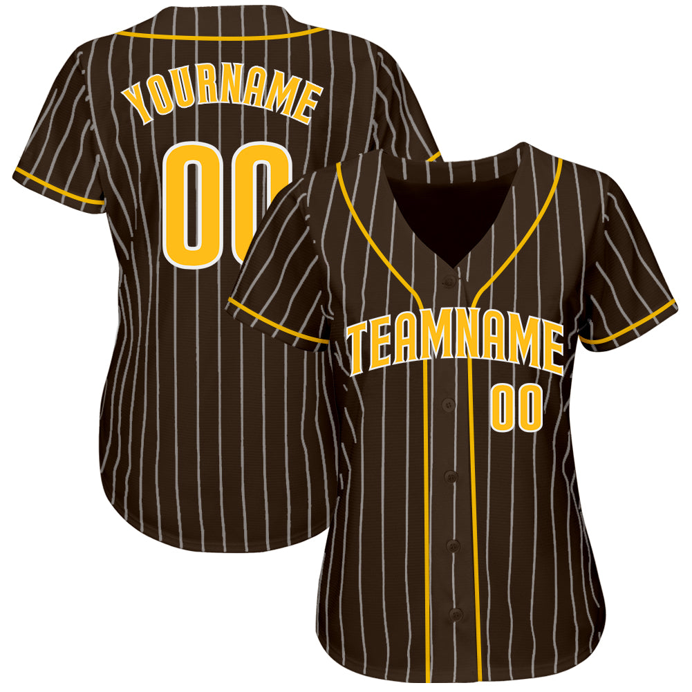Camisa de beisebol autêntica marrom com riscas brancas douradas e brancas personalizadas