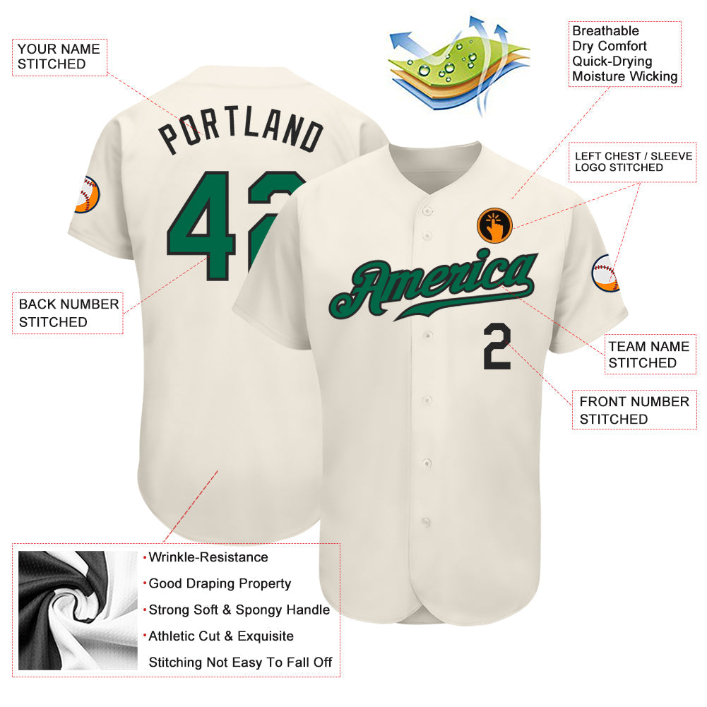 Camisa de beisebol autêntica creme Kelly verde-preta personalizada