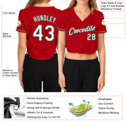 Maßgeschneidertes kurz geschnittenes Baseballtrikot für Damen in Rot, Weiß und Kelly-Grün mit V-Ausschnitt