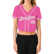 Maßgeschneidertes kurz geschnittenes Baseball-Trikot für Damen in Rosa und Weiß mit V-Ausschnitt
