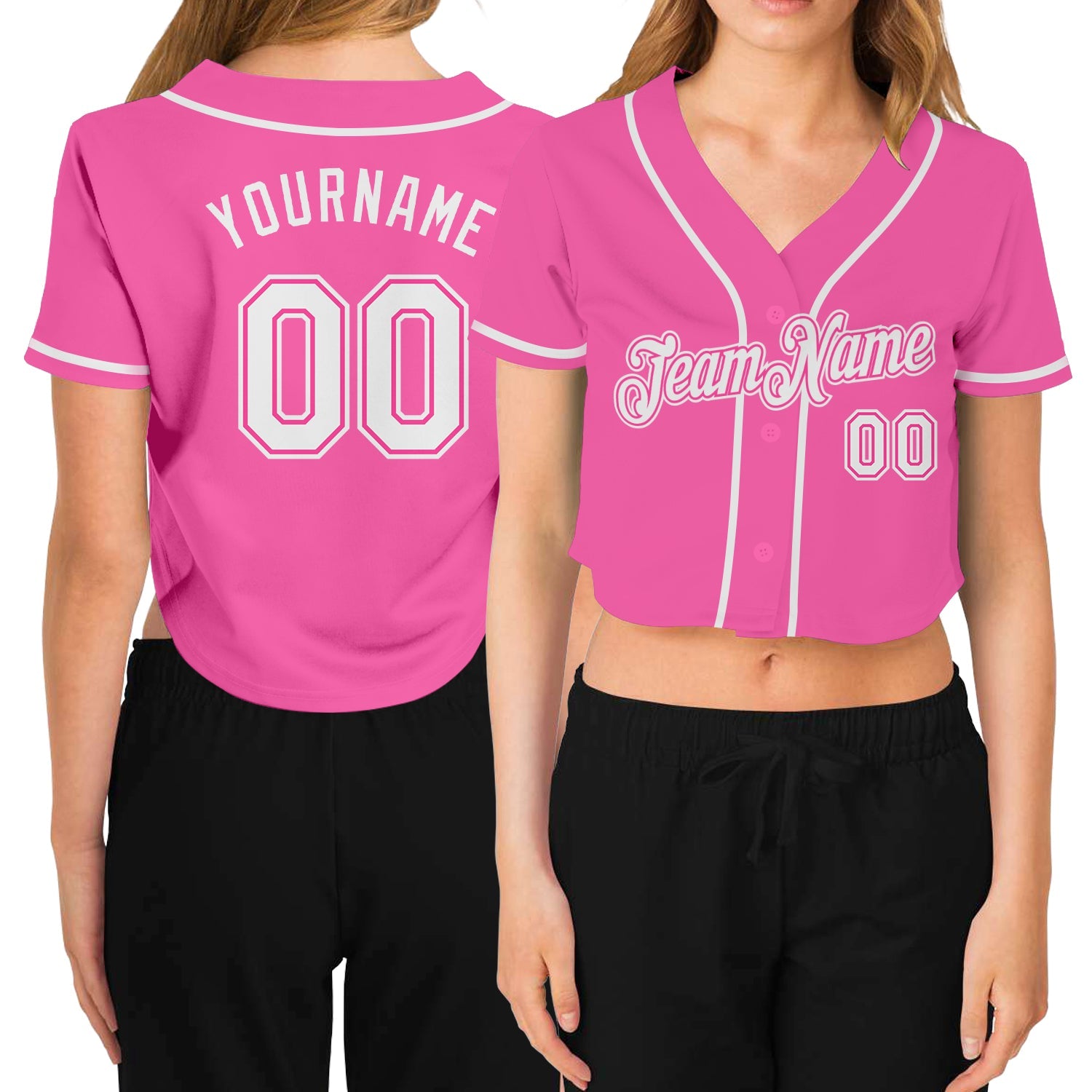 Personnalisé Femmes Rose Blanc Col en V Cropped Baseball Jersey