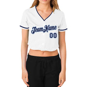 Camisa de beisebol feminina personalizada branca azul marinho azul claro com decote em V