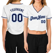 Camisa de beisebol feminina personalizada branca azul marinho azul claro com decote em V