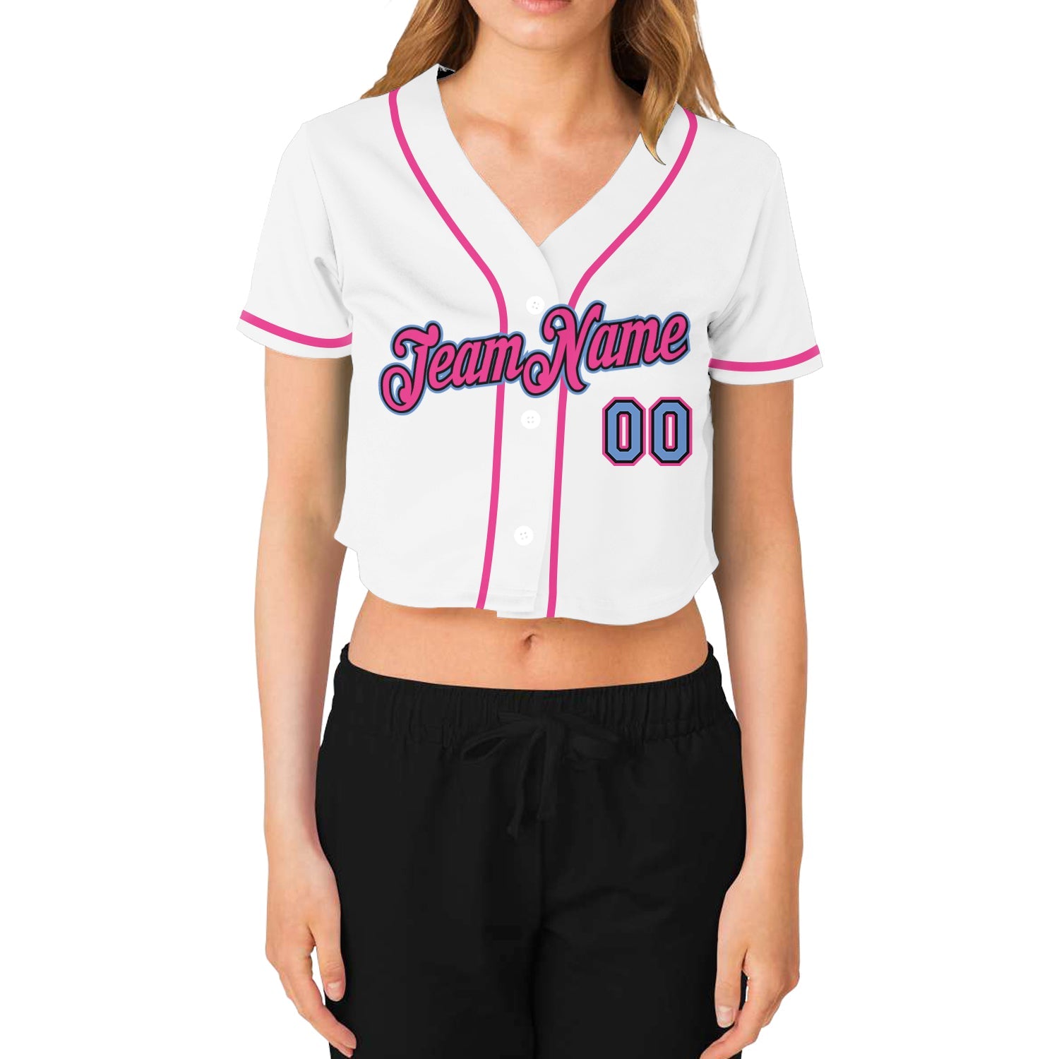 Camisa de beisebol feminina personalizada branca azul claro preto-rosa com decote em V