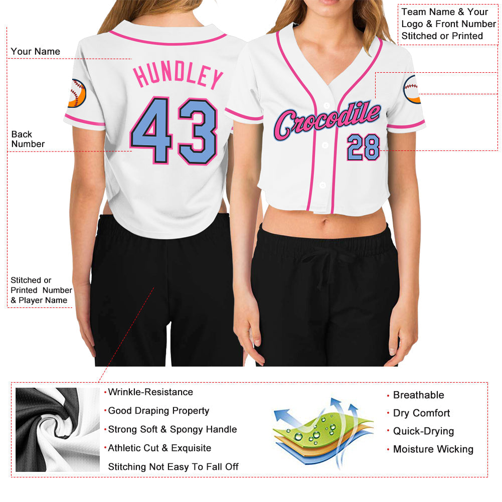Camisa de beisebol feminina personalizada branca azul claro preto-rosa com decote em V