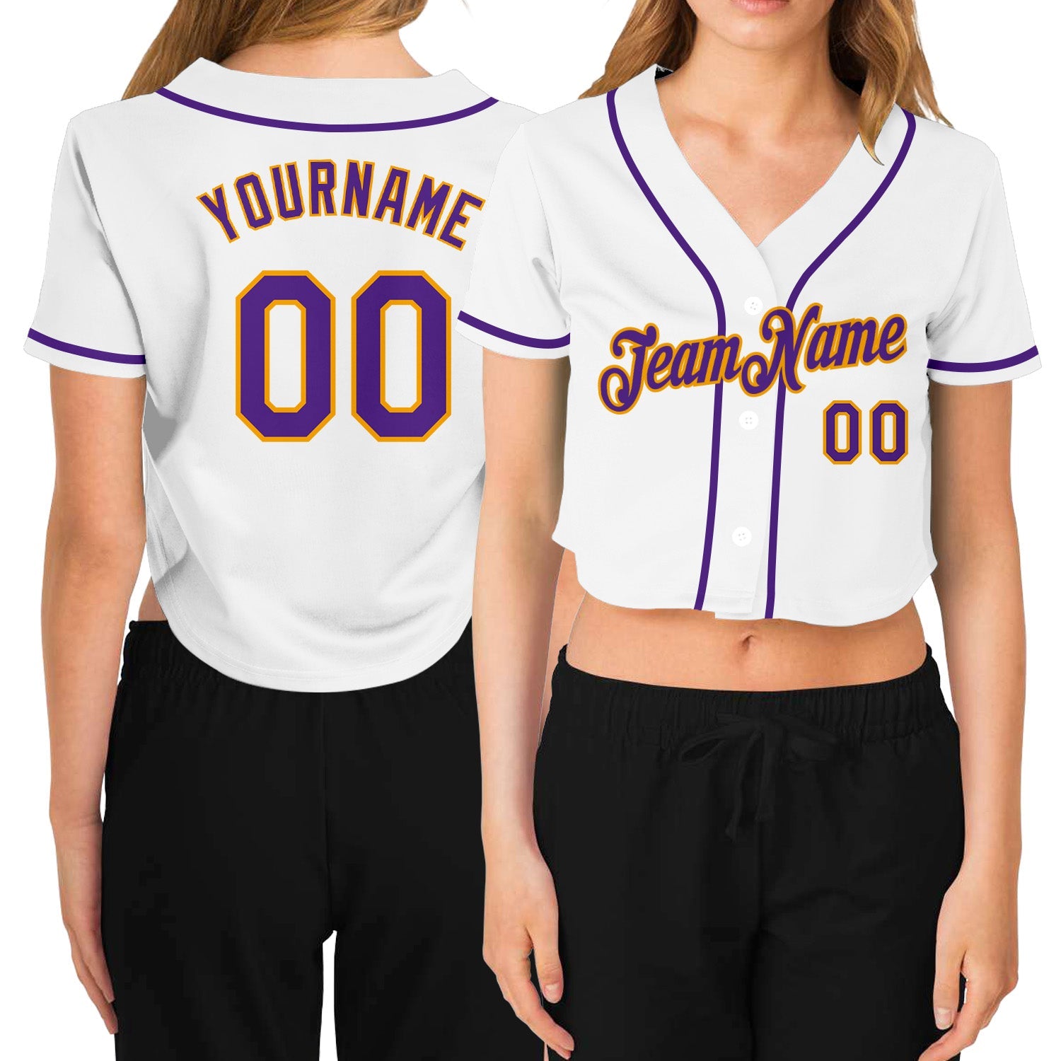 Custom Women's White Purple-Gold V-Neck Cropped Baseball Jersey